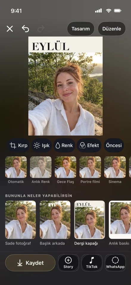 PhotoStudio'da tek fotoğraf için hazır tasarımlar: dergi kapağı, arkaya geçen yazı ve anlık baskı